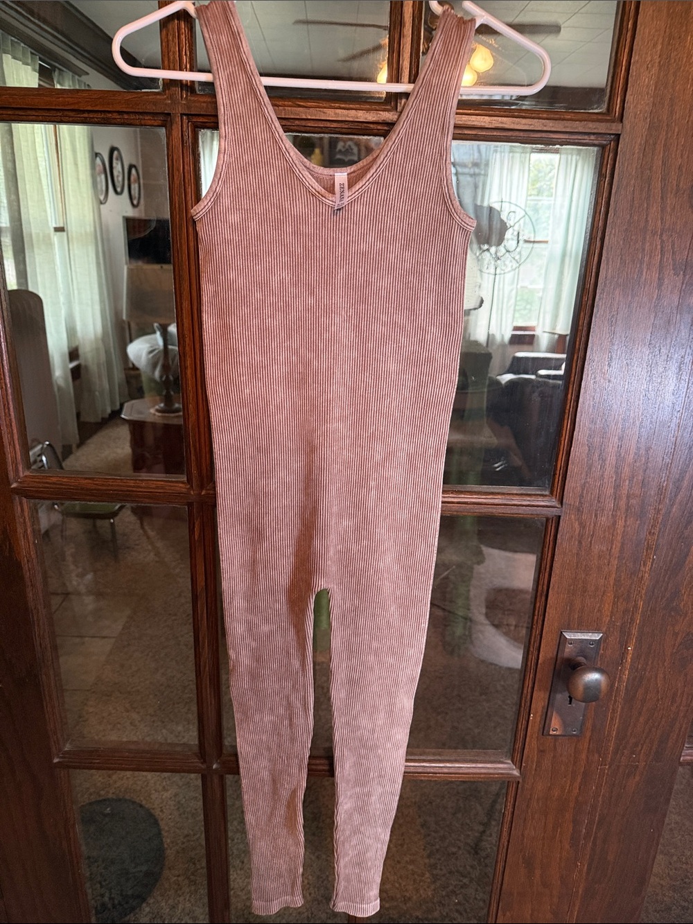 Zenana Ribbed Mineral Wash V-Neck Sleeveless Jumpsuit Brown S/M Athleisure